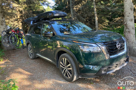 The 2022 Nissan Pathfinder Platinum, in the woods
